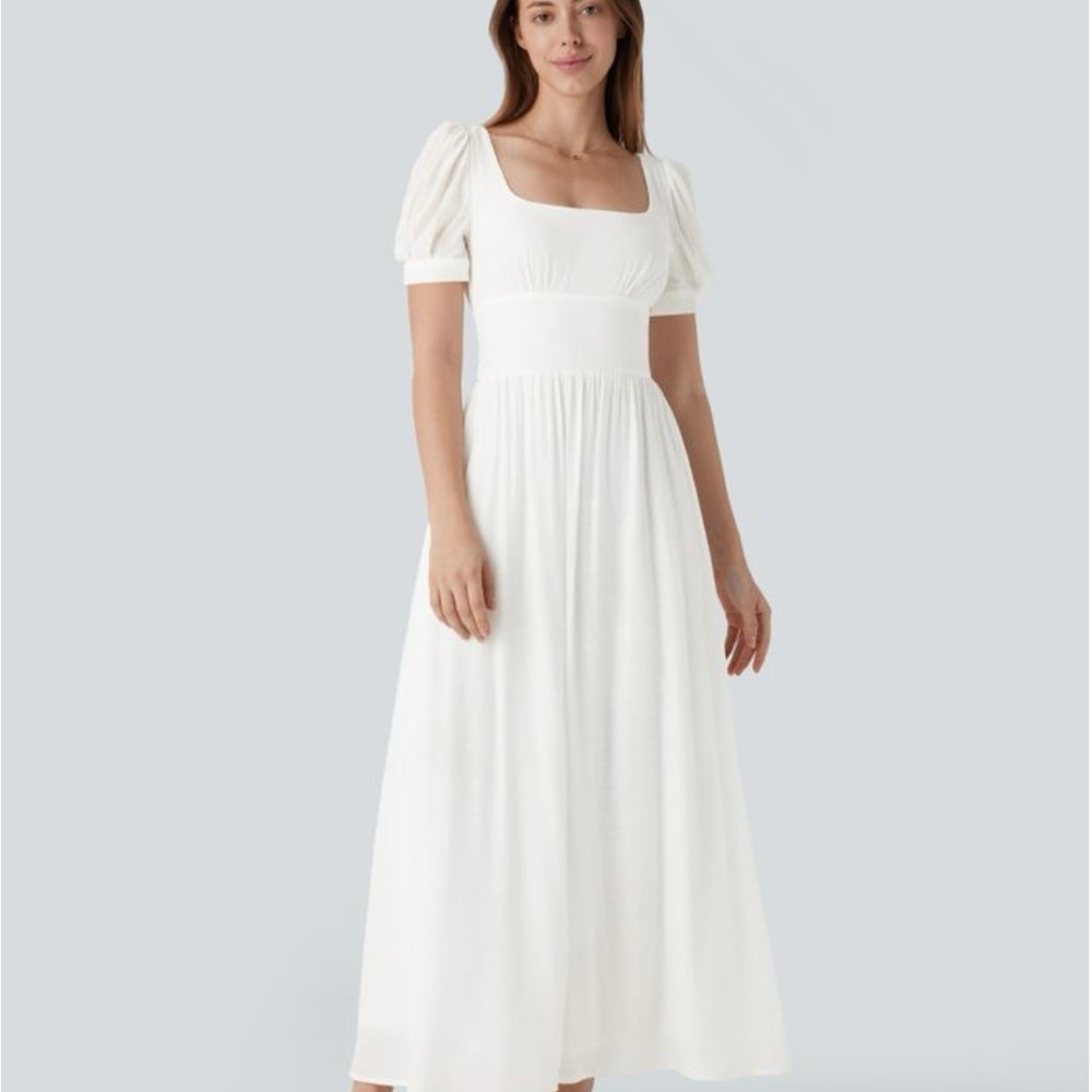 HALARA Elegant White Puff Sleeve Dress